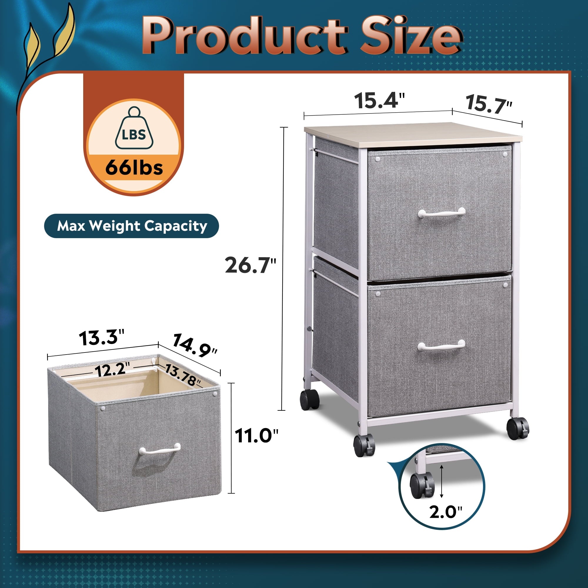 GALAXHERO Filing Cabinet 2 Drawer Mobile Printer Stand for Home Office, Rolling Fabric Vertical File Cabinet, Fits A4 or Letter Size, Light Grey