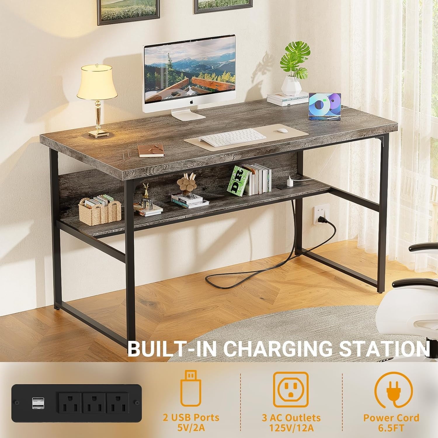 Homieasy Computer Desk with Power Outlets, Executive Desk with Extra Thick Tabletop, Computer Office Desk Workstation with Bookshelf, Modern Simple Study Writing Table for Home Office, Black Oak