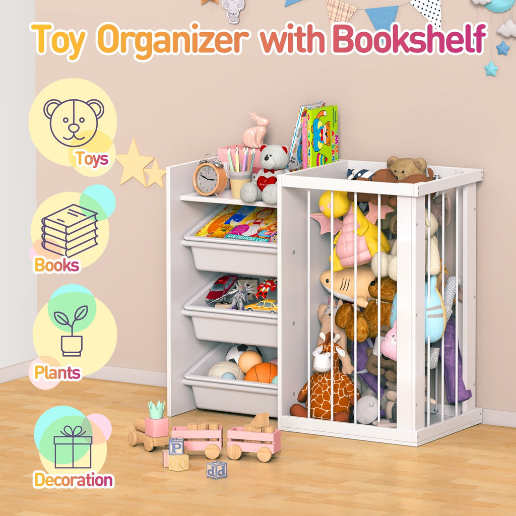 3-in-1 Kids Bookshelf and Stuffed Animal Storage with Corner Protectors , Can Fix it to The Wall, Durable Wood & Metal Storage for Bedroom & Playroom