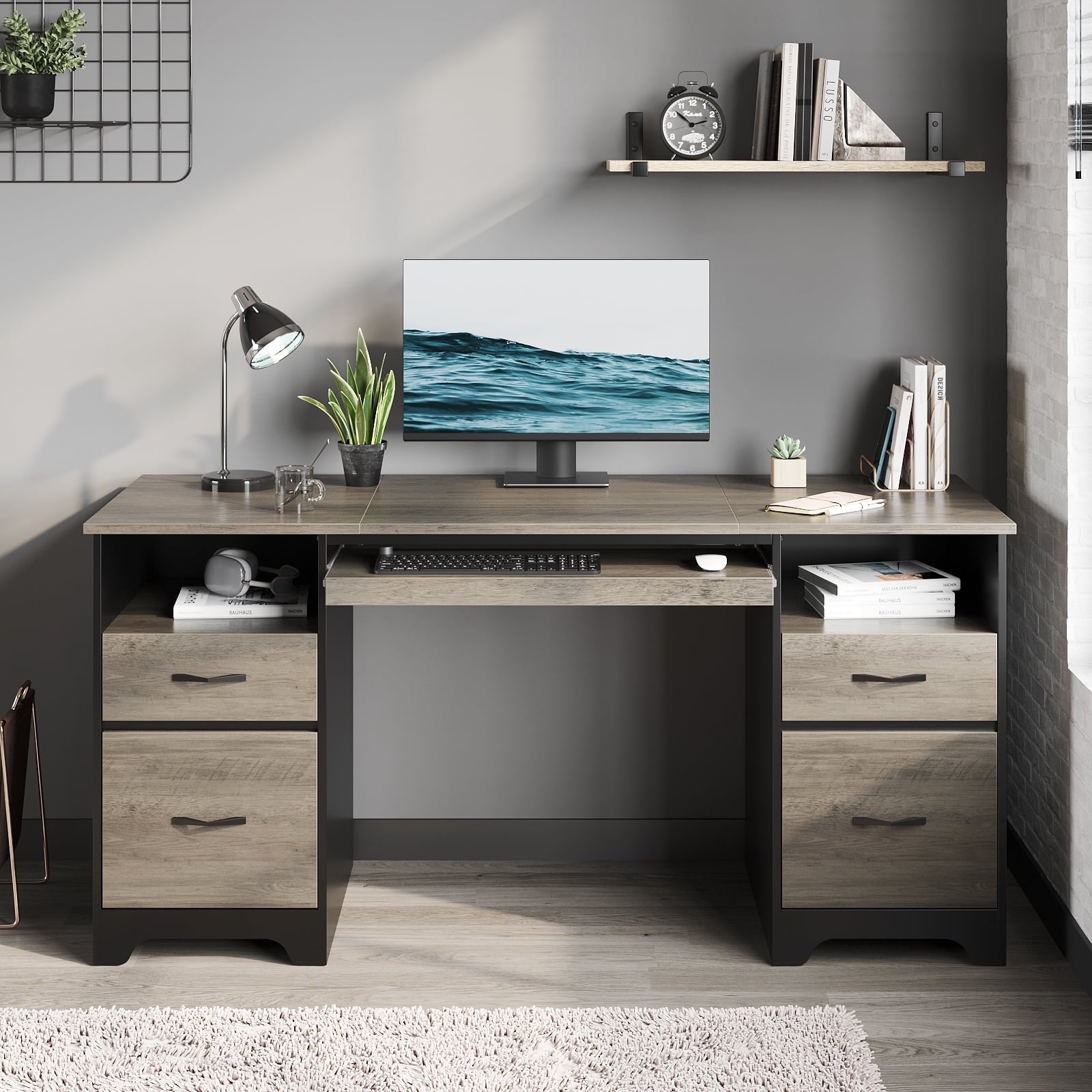Bestier 59” Computer Desk with 4 Drawers, Office Executive Desk with File Drawer, Keyboard Tray for Home Office, Gray