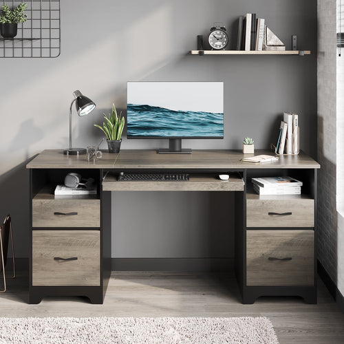 Bestier 59” Computer Desk with 4 Drawers, Office Executive Desk with File Drawer, Keyboard Tray for Home Office, Gray