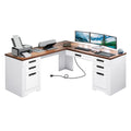 Craftian L-Shaped Desk with Power Outlets, Computer Desk with Drawers, Executive Desk , White & Walnut Color