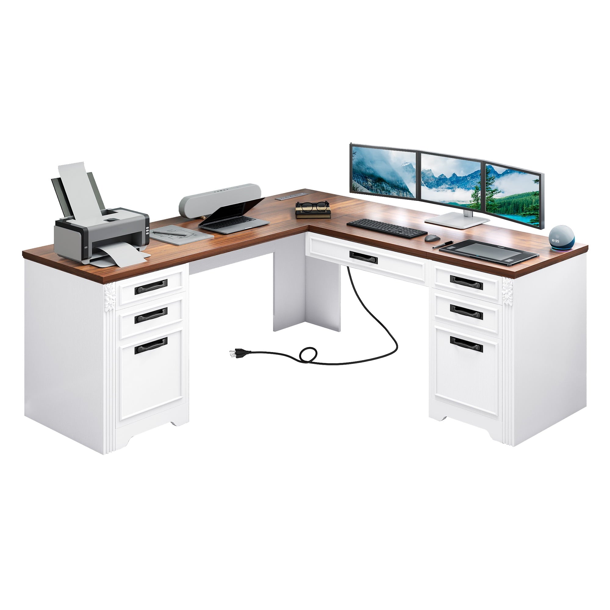 Craftian L-Shaped Desk with Power Outlets, Computer Desk with Drawers, Executive Desk , White & Walnut Color