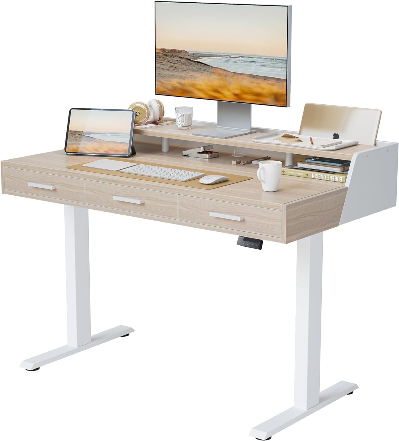 DESINO Electric Standing Desk with Drawers, 55"x26" Standing Desk Adjustable Height, Lifting Range 28~46" Stand Up Desk ,Sit Stand Home Office Desk with Monitor Shelf, Rustic Brown