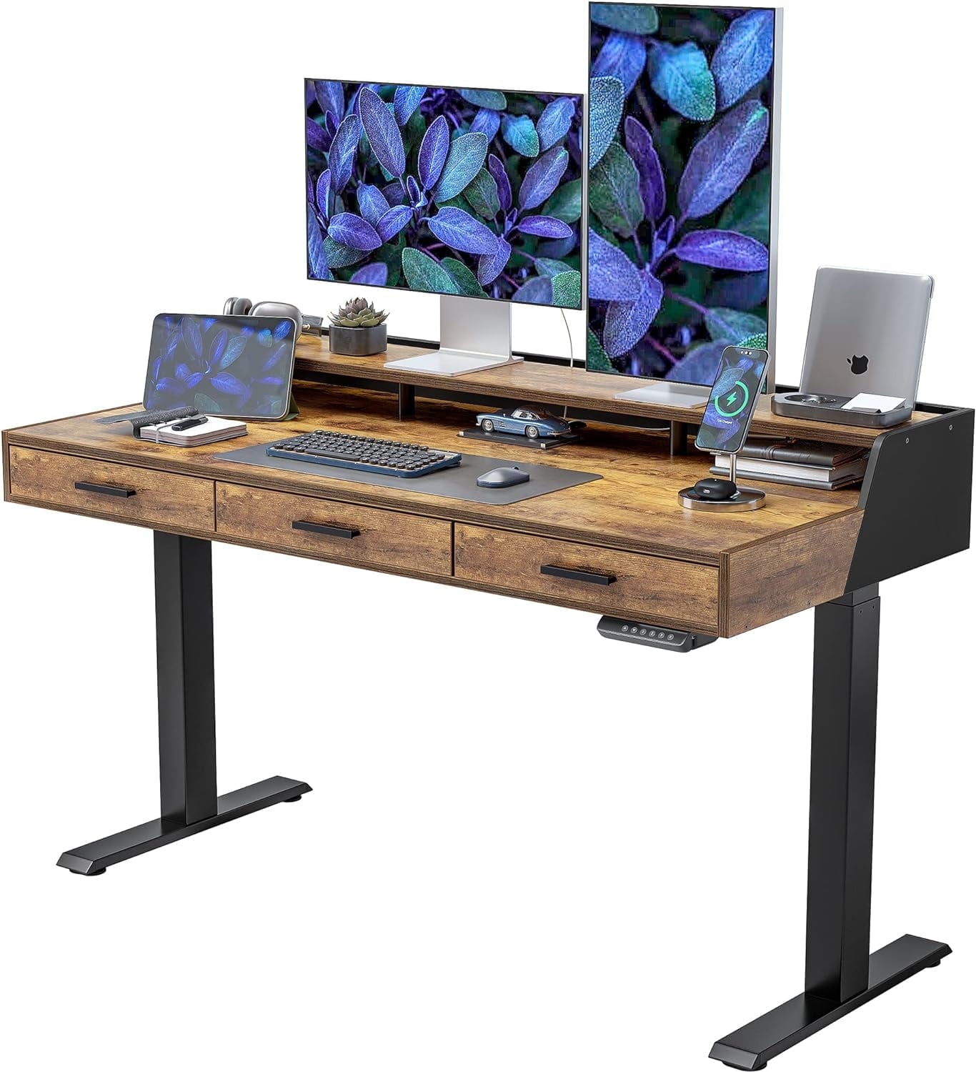 DESINO Electric Standing Desk with Drawers, 55"x26" Standing Desk Adjustable Height, Lifting Range 28~46" Stand Up Desk ,Sit Stand Home Office Desk with Monitor Shelf, Rustic Brown