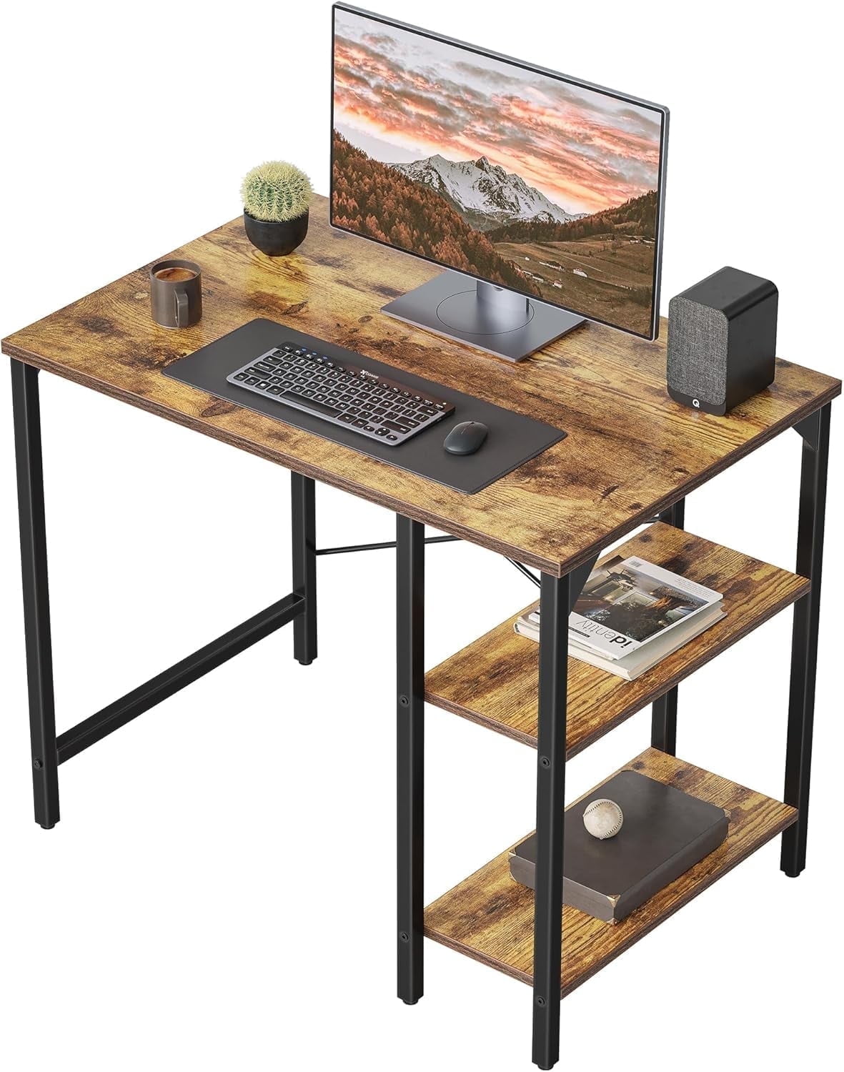 DESINO 35 Inch Computer Desk, Small Home Office Desk with Fabric Drawers & Storage Shelves, Writing Study Desk, Black