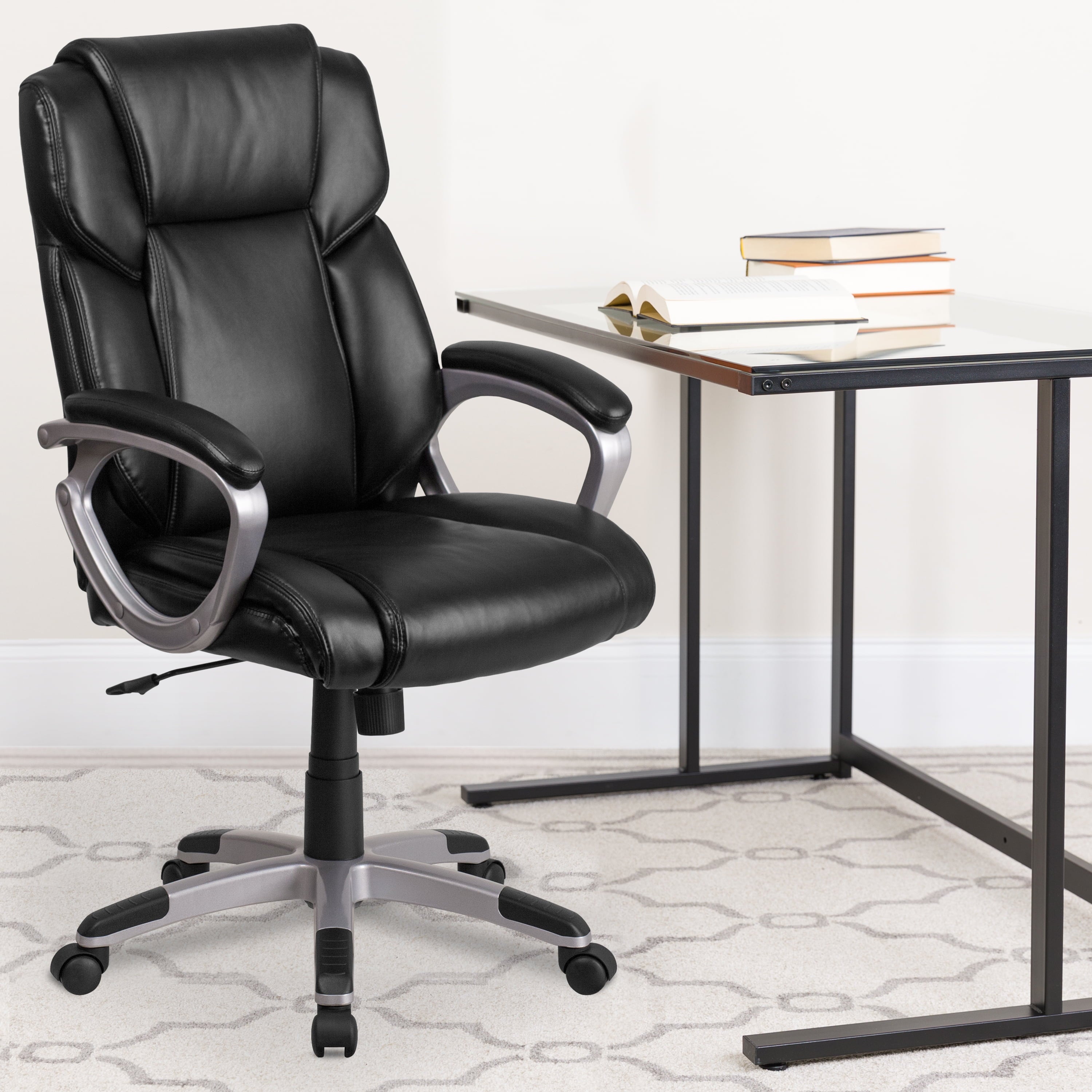 Emma + Oliver Mid-Back Black LeatherSoft Executive Swivel Office Chair with Padded Arms