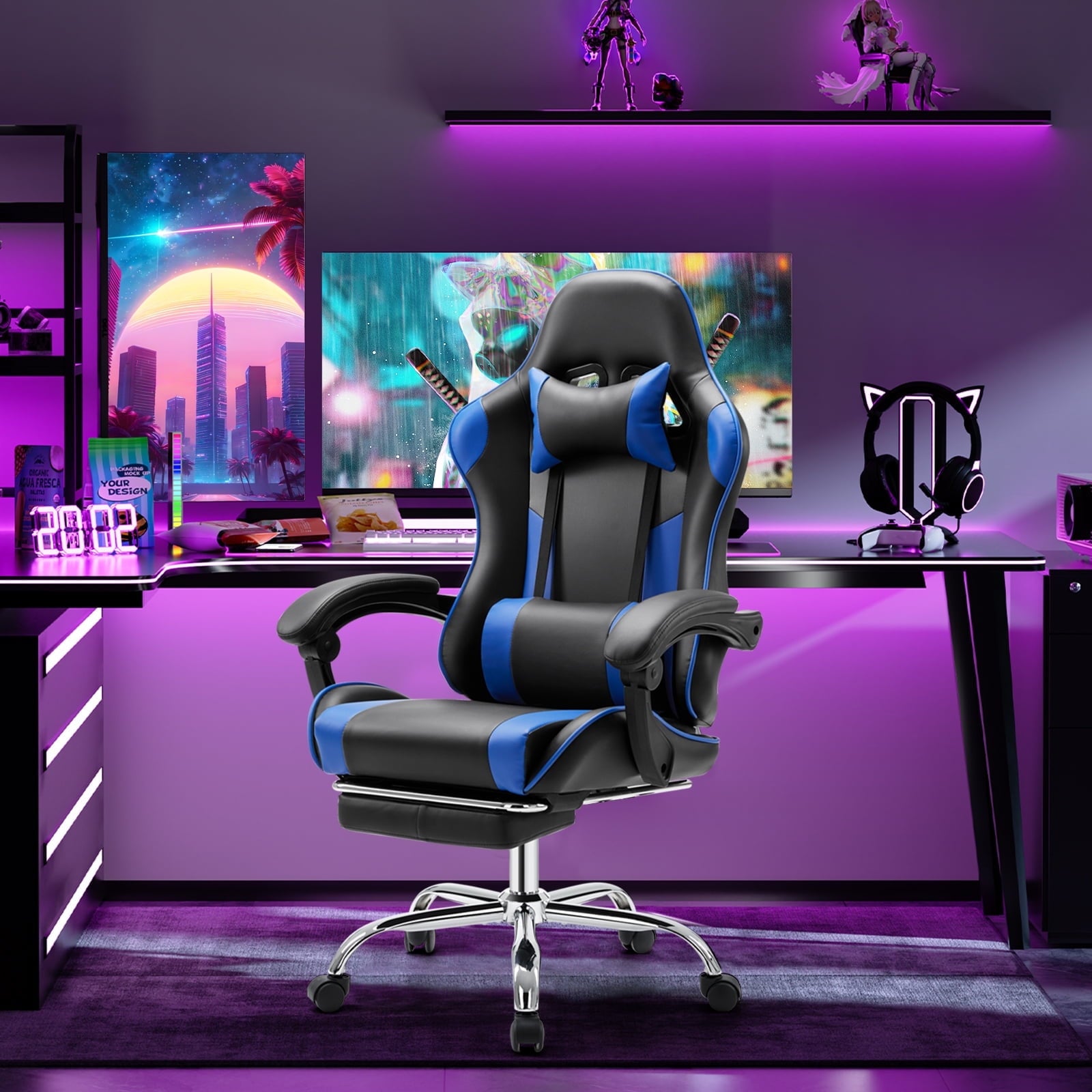 JOINSUN Ergonomic Gaming Chair With Headrest And Lumbar Pillow,Height Adjustable With 360°-Swivel Seat,Blue