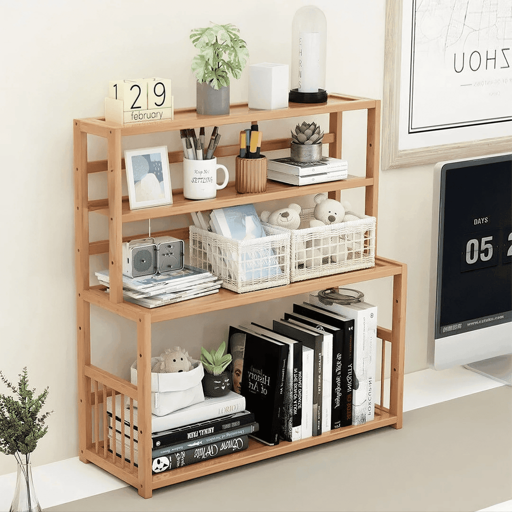 Gtouse 4 Shelf Bamboo Bookcase, Desktop Bookshelf, Plants Display Storage Shelf, Natural, for Home