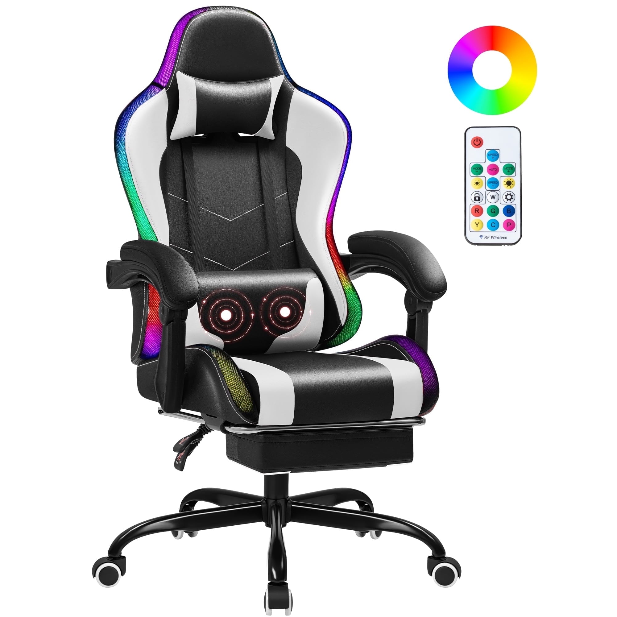 Homall RGB Gaming Chair with Massage and LED Lights Ergonomic Computer Chair with Footrest & Adjustable Lumbar Support, White
