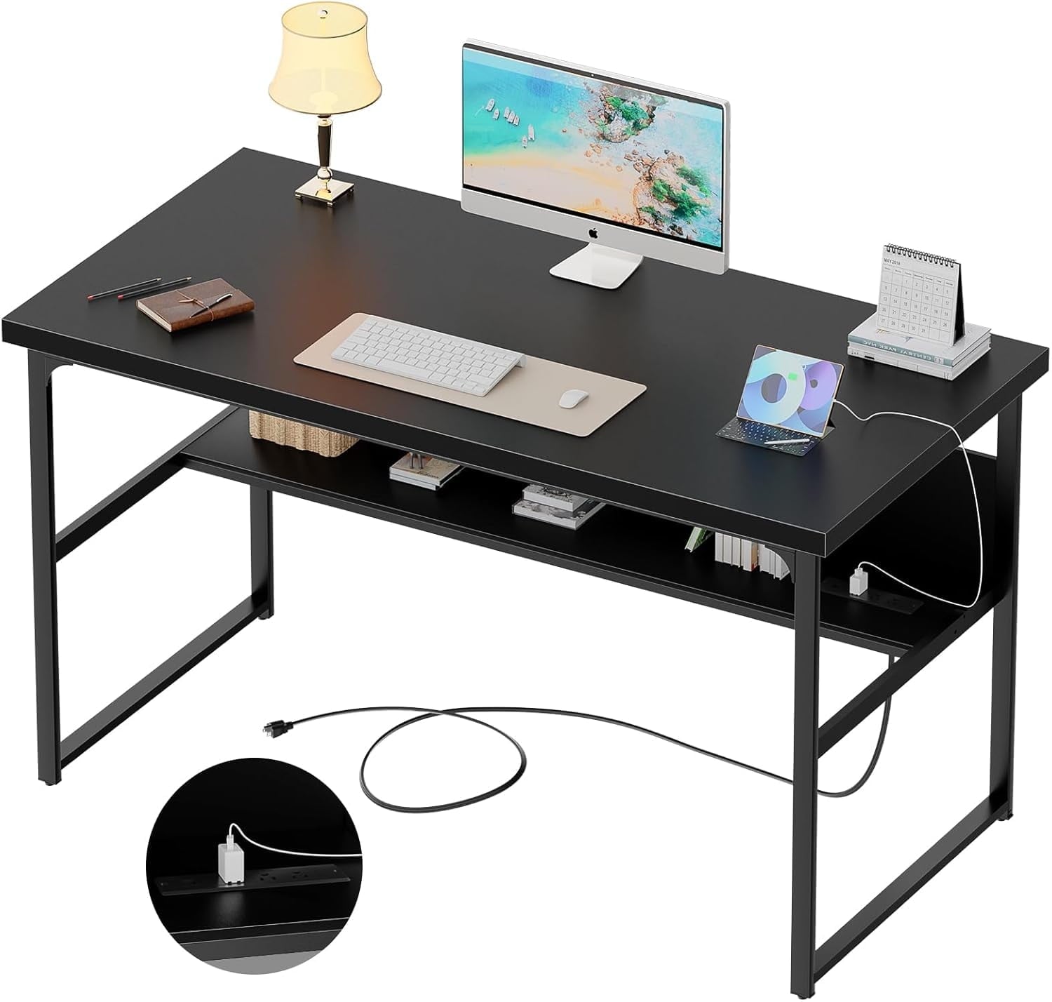 Homieasy Computer Desk with Power Outlets, Executive Desk with Extra Thick Tabletop, Computer Office Desk Workstation with Bookshelf, Modern Simple Study Writing Table for Home Office, Black Oak