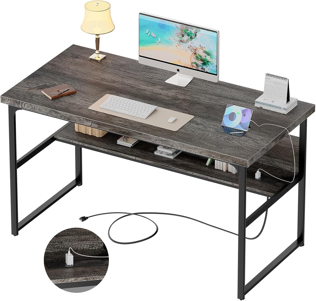 Homieasy Computer Desk with Power Outlets, Executive Desk with Extra Thick Tabletop, Computer Office Desk Workstation with Bookshelf, Modern Simple Study Writing Table for Home Office, Black Oak