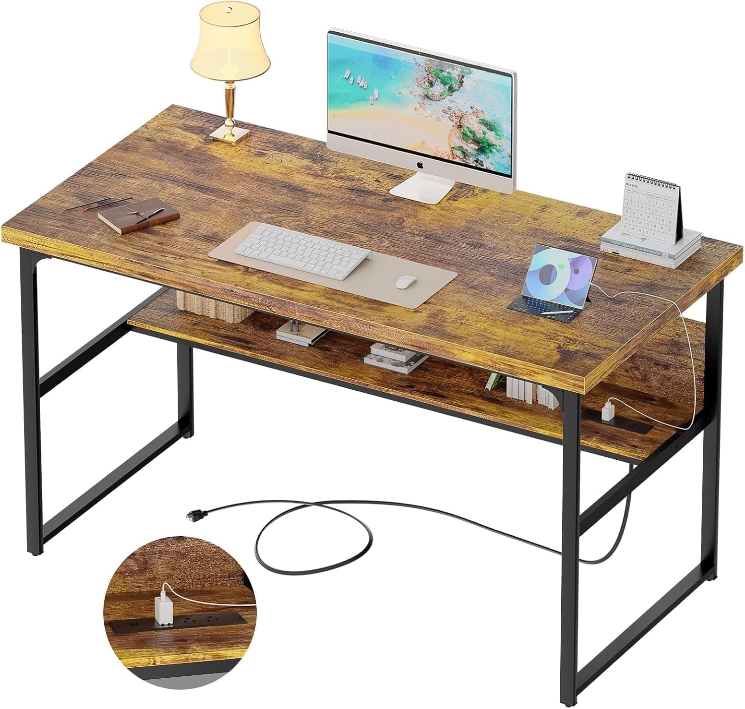 Homieasy Computer Desk with Power Outlets, Executive Desk with Extra Thick Tabletop, Computer Office Desk Workstation with Bookshelf, Modern Simple Study Writing Table for Home Office, Black Oak
