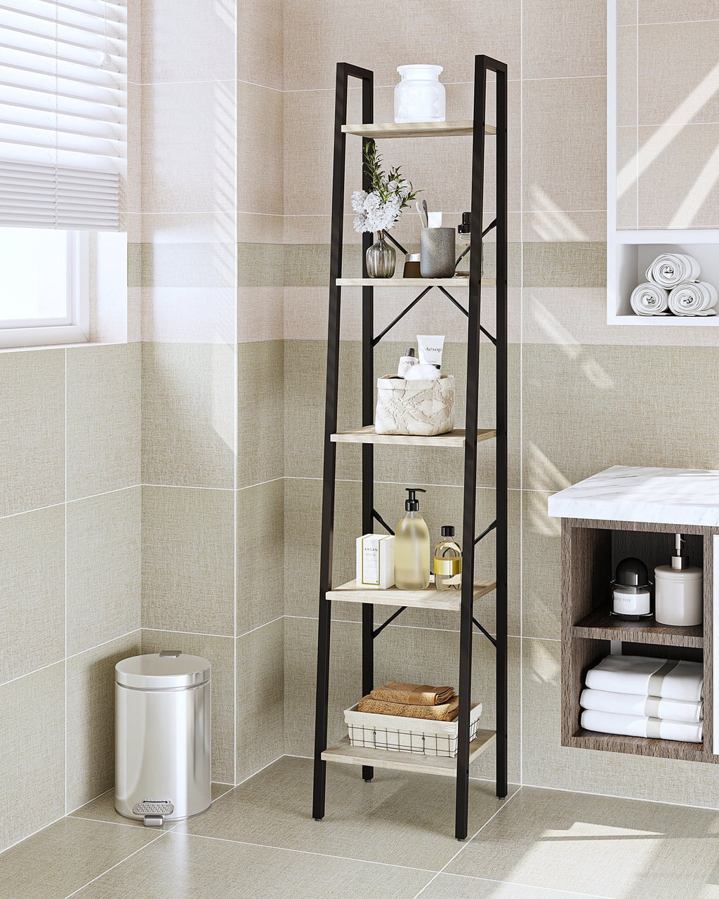 Hzuaneri 5 Shelves Freestanding Leaning Ladder, Particleboard Greige, 13.4" x 11.8" x 63"