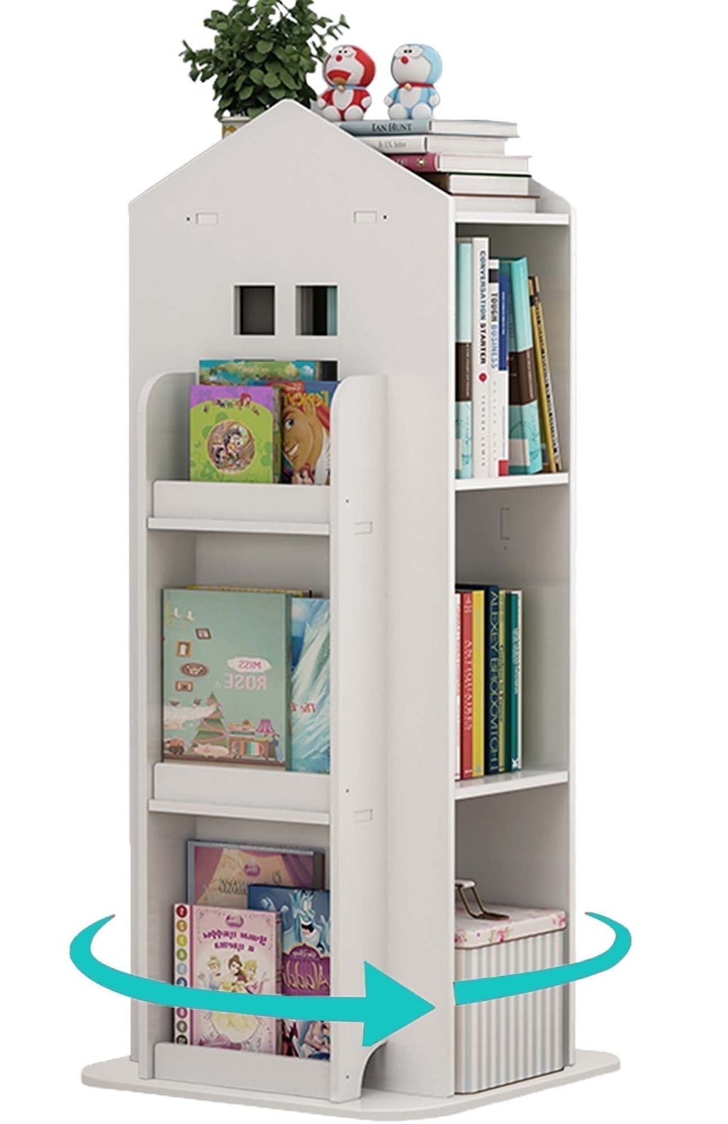 IAJXWI 3 Tier Rotating Bookshelf, 360° Floor-Standing Revolving Bookcase, House Shape Multi-Functional Reading Corner for Bedroom Study Living Room