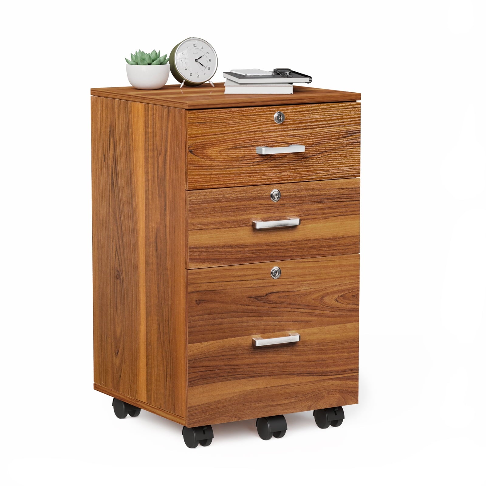 Ktaxon 3-Drawer Rolling Wood File Cabinet with Lock, Portable Vertical Mobile Wooden Storage, Business Filing Cabinet for Home Office,Oak