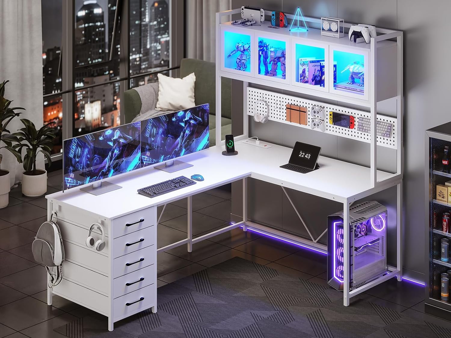 L Shaped Gaming Desk with Drawers, L Shaped Computer Desk with Hutch and Storage Shelves, Gaming Desk with Pegboard, Led Lights, and Power Outlet, Home Office Desk, Corner Desk, Rustic Brown