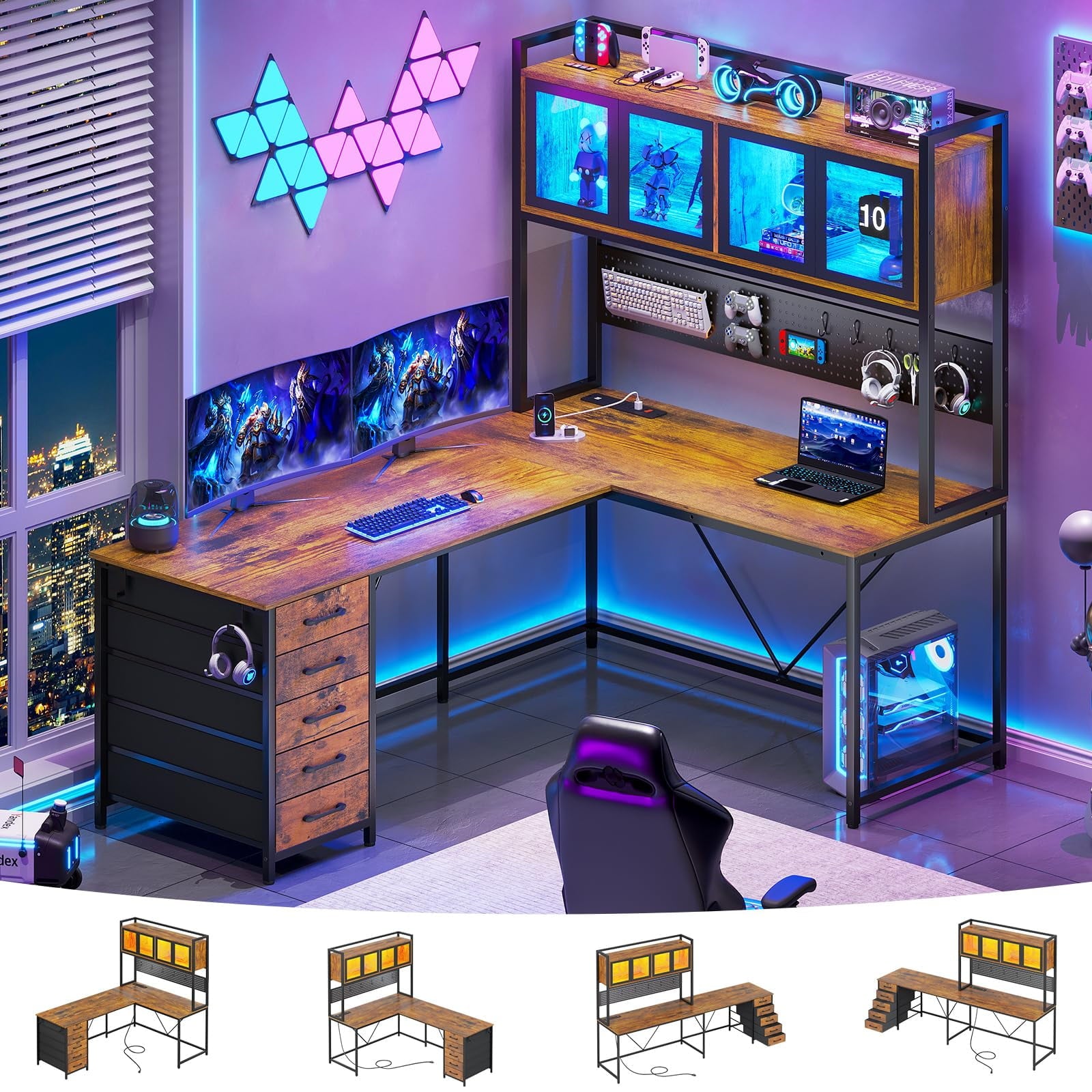 L Shaped Gaming Desk with Drawers, L Shaped Computer Desk with Hutch and Storage Shelves, Gaming Desk with Pegboard, Led Lights, and Power Outlet, Home Office Desk, Corner Desk, Rustic Brown