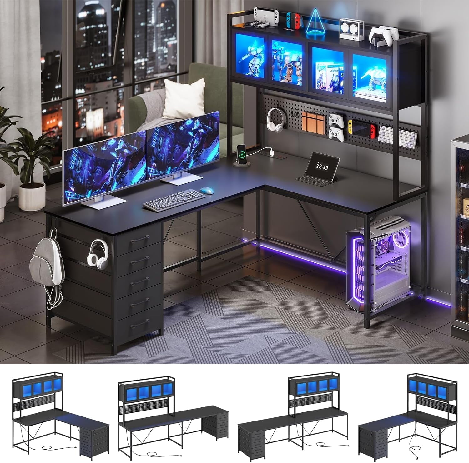 L Shaped Gaming Desk with Drawers, L Shaped Computer Desk with Hutch and Storage Shelves, Gaming Desk with Pegboard, Led Lights, and Power Outlet, Home Office Desk, Corner Desk, Rustic Brown