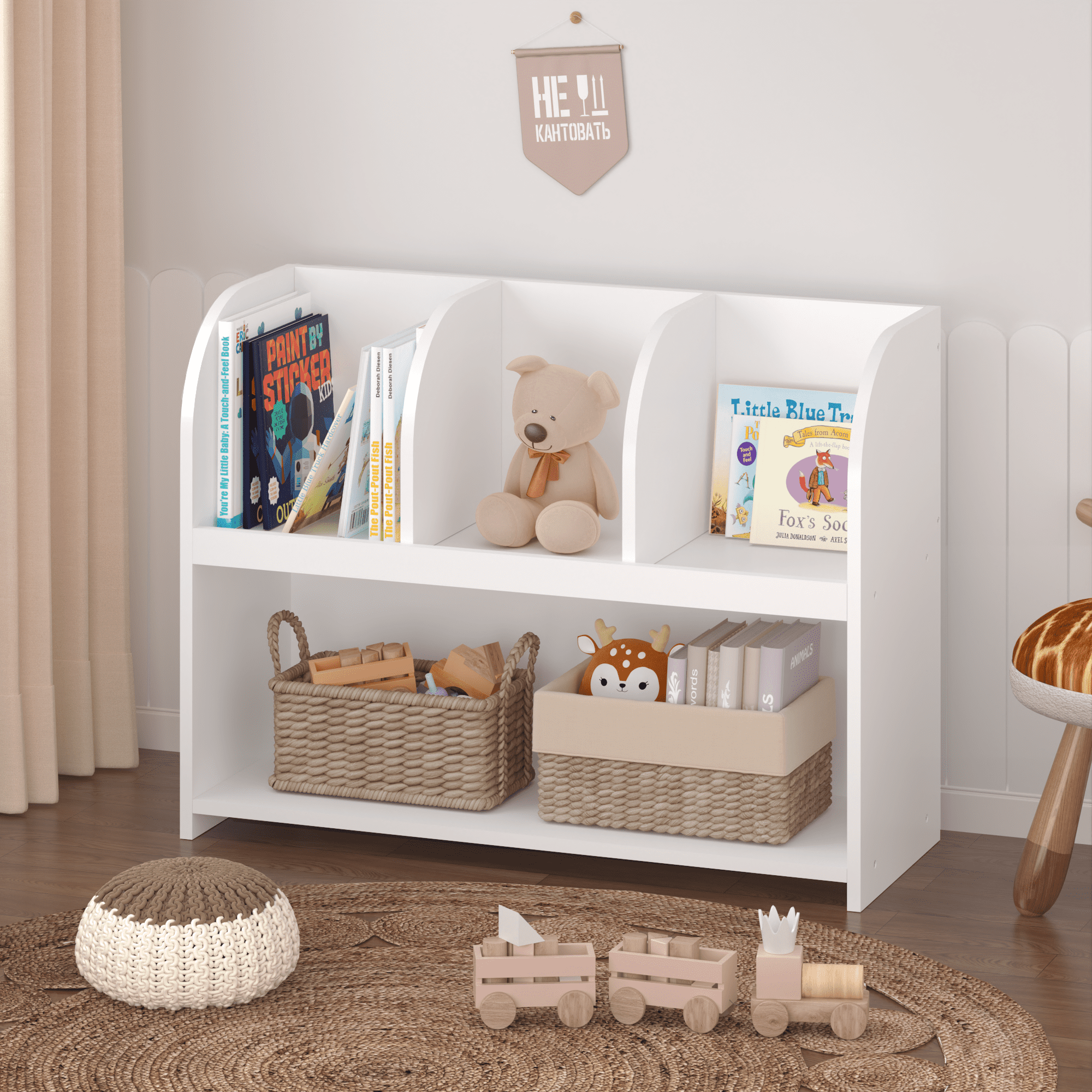 PORKISS Bookshelf for Kids, Wooden Kids Bookcase with 4 Compartments, Modern Kids Toy Storage, Freestanding Toy Organizer for Children's Room, Playroom, Nursery