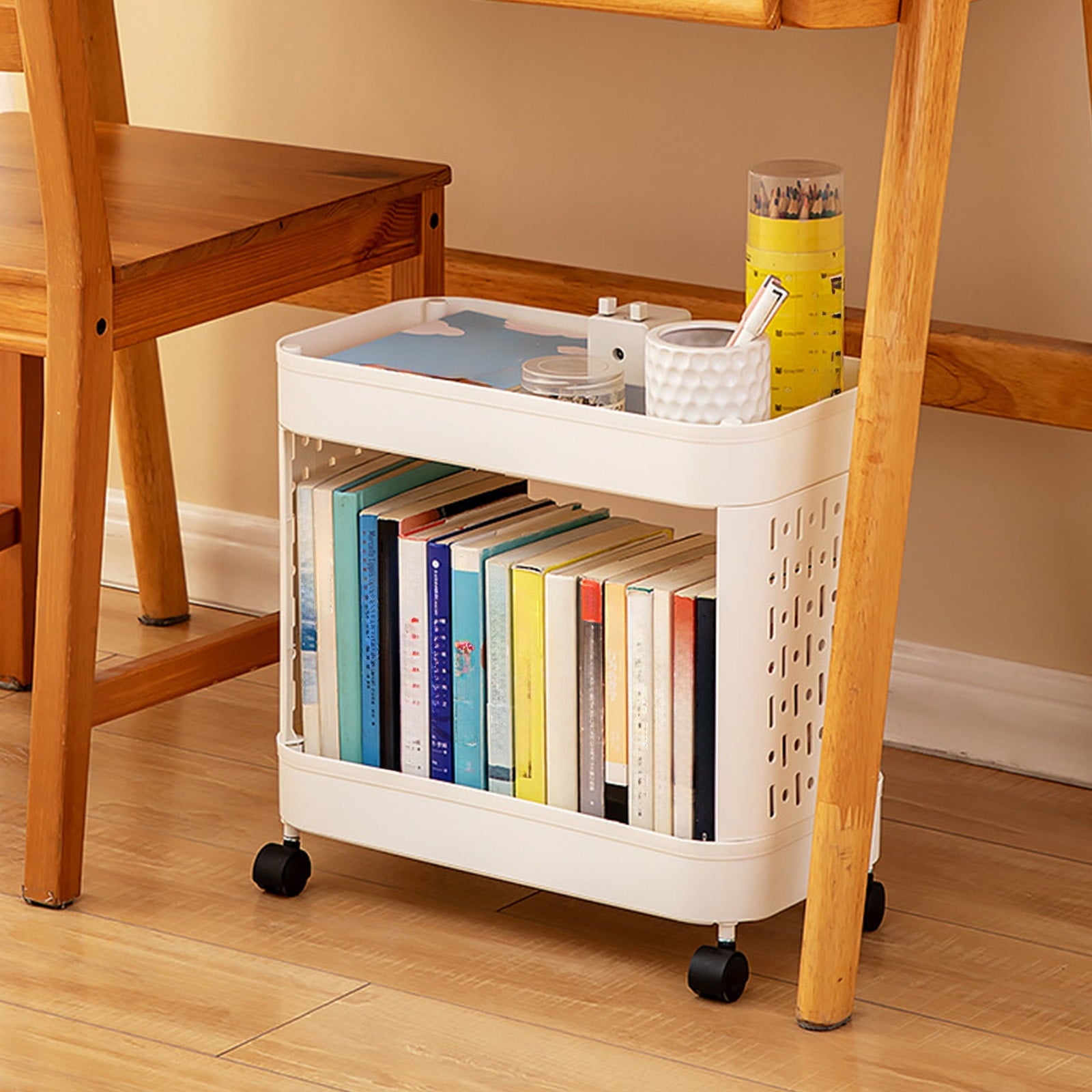 Plastic Mobile Trolley Rack, Under Desk Storage for Files & Snacks, White, 37.20x15.55x8.46in to 15.15x15.55x8.46in, Rolling & Multi-Layer