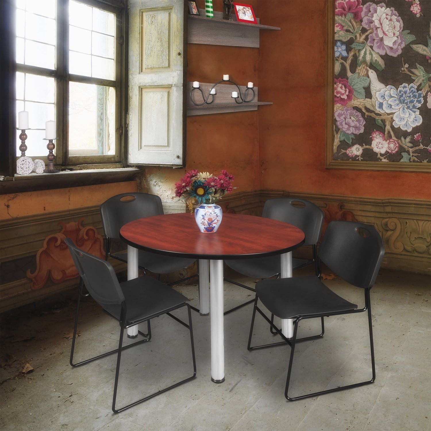 Regency Kee 48" Round Breakroom Table,Cherry/ Bl TB48RNDCHBPBK44BE