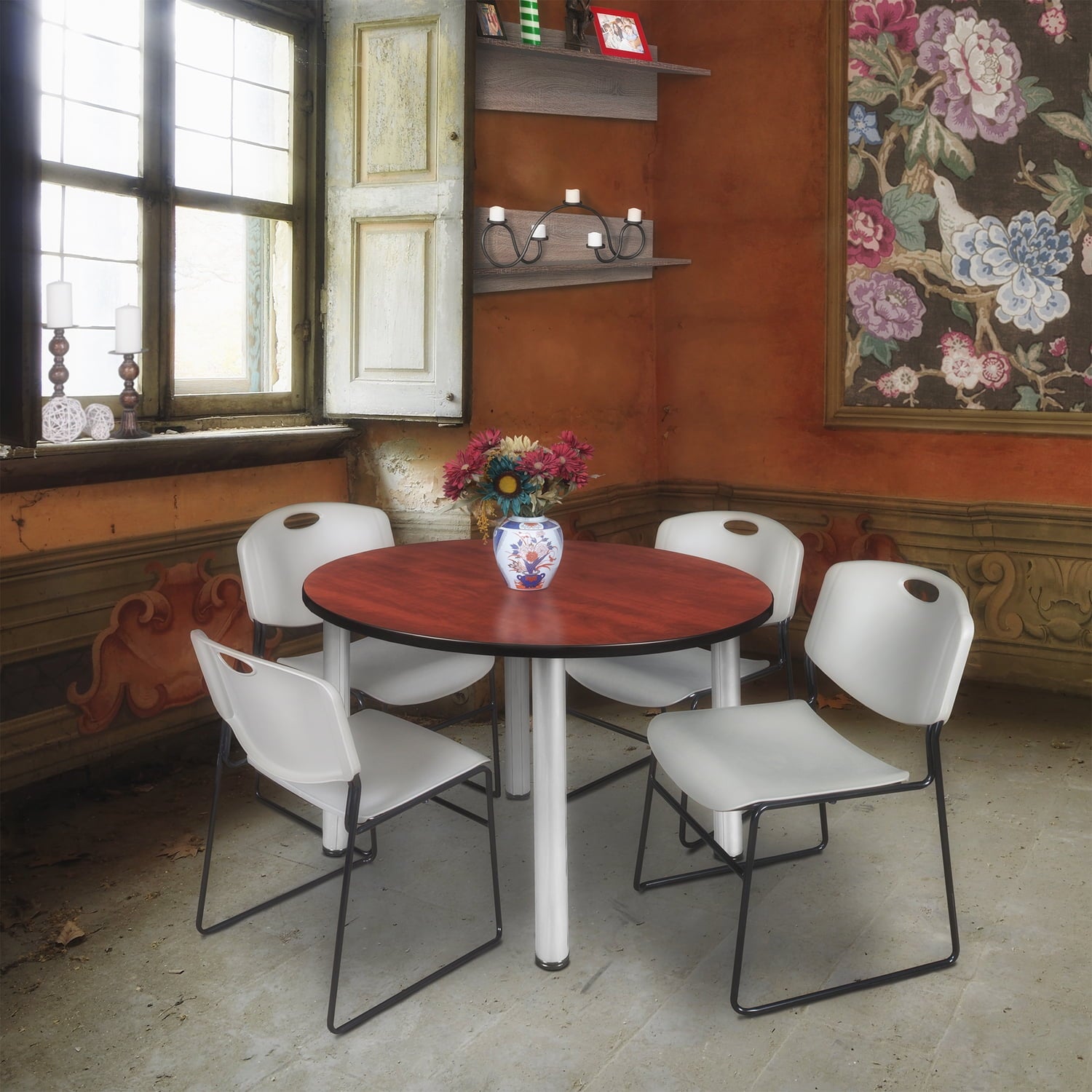 Regency Kee 48" Round Breakroom Table,Cherry/ Bl TB48RNDCHBPBK44BE