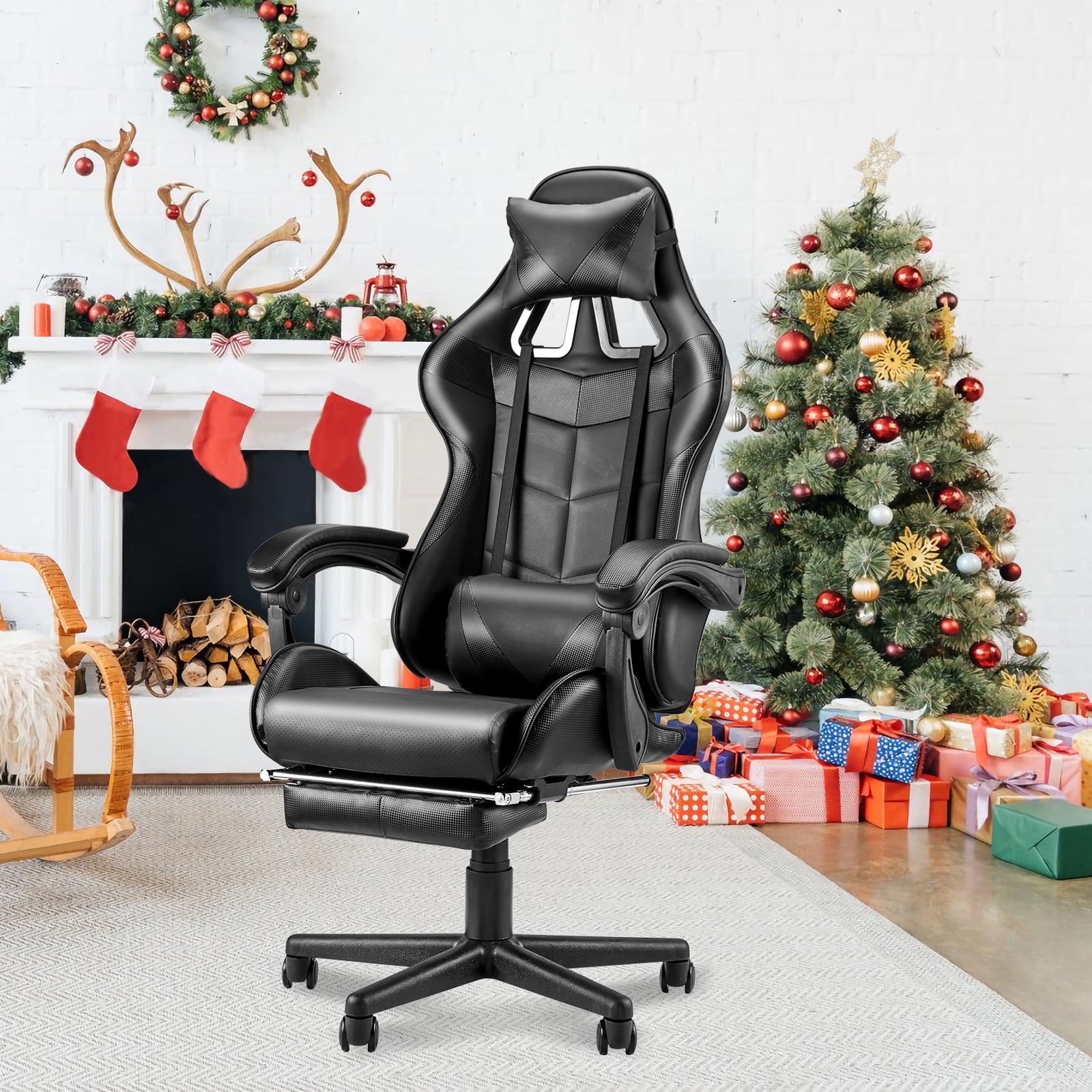 SOONTRANS Green Gaming Chair with Footrest, High Back Gamer Chair with Massage Lumbar Pillow, Gamer Computer Desk Chair (Green)