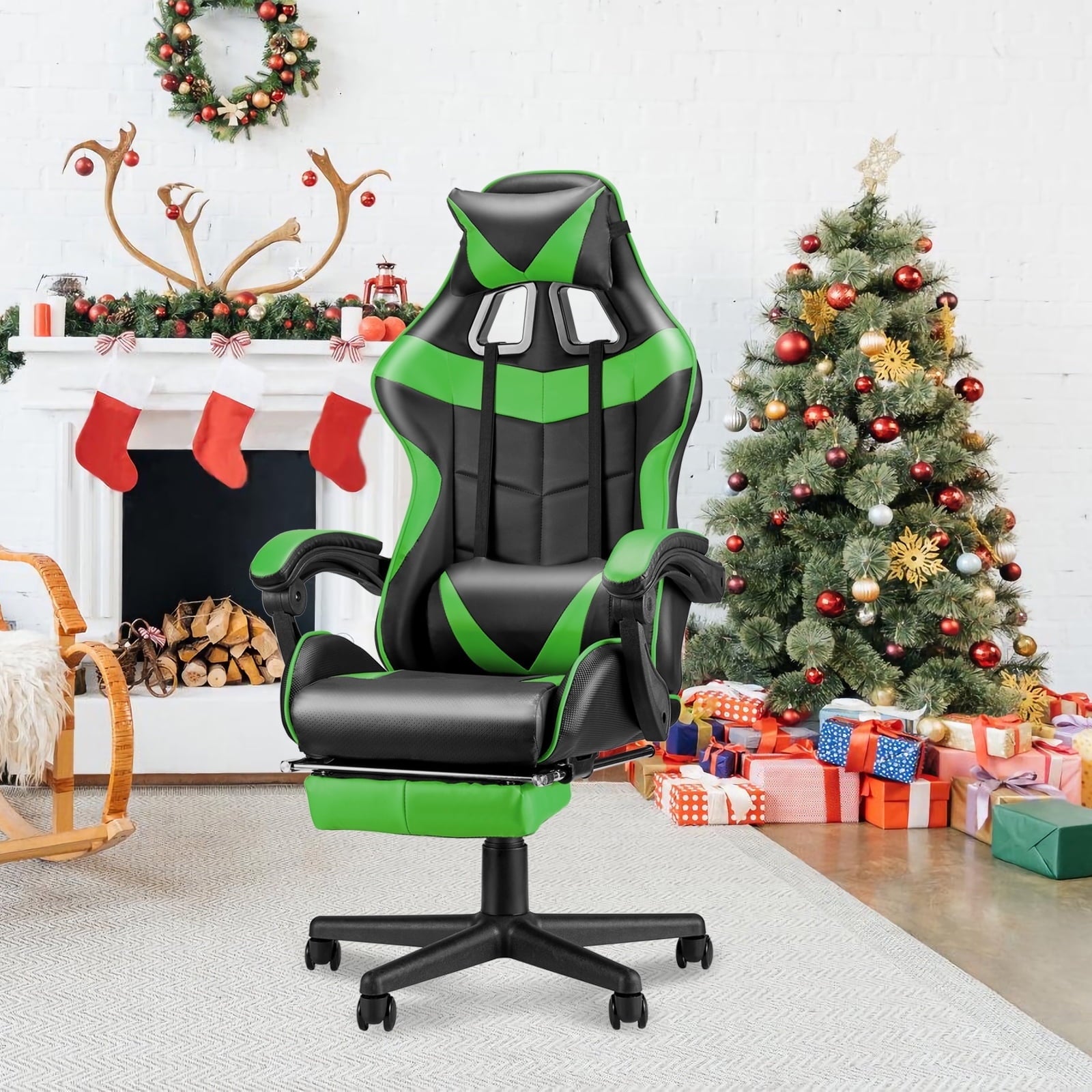 SOONTRANS Green Gaming Chair with Footrest, High Back Gamer Chair with Massage Lumbar Pillow, Gamer Computer Desk Chair (Green)