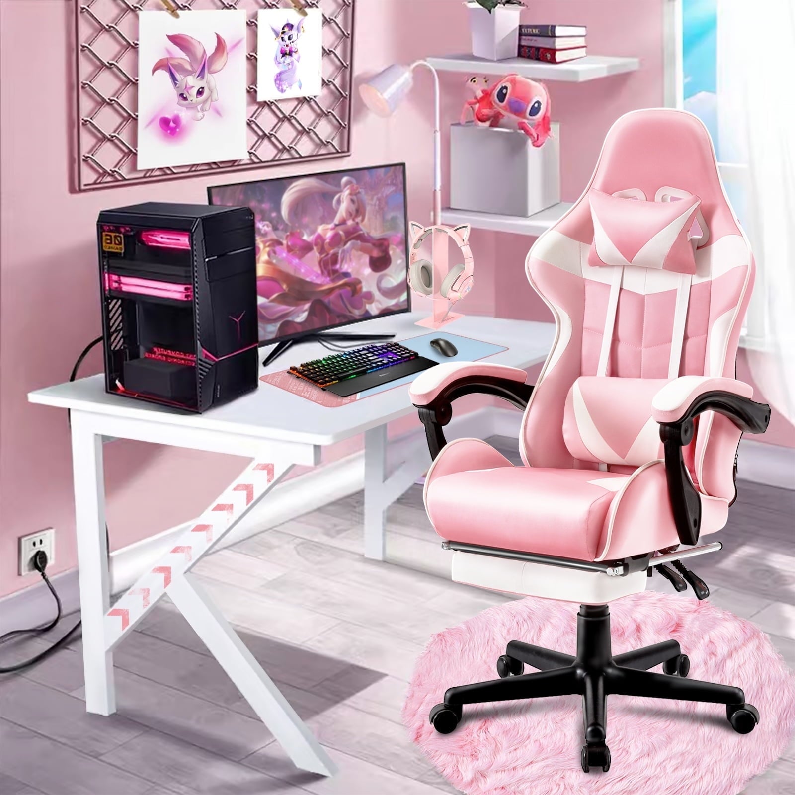 SOONTRANS Green Gaming Chair with Footrest, High Back Gamer Chair with Massage Lumbar Pillow, Gamer Computer Desk Chair (Green)