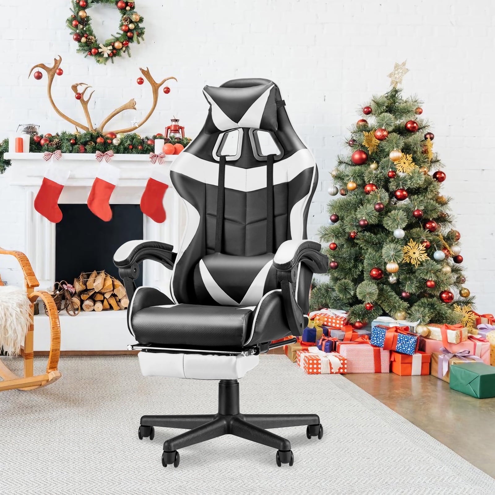 SOONTRANS Green Gaming Chair with Footrest, High Back Gamer Chair with Massage Lumbar Pillow, Gamer Computer Desk Chair (Green)