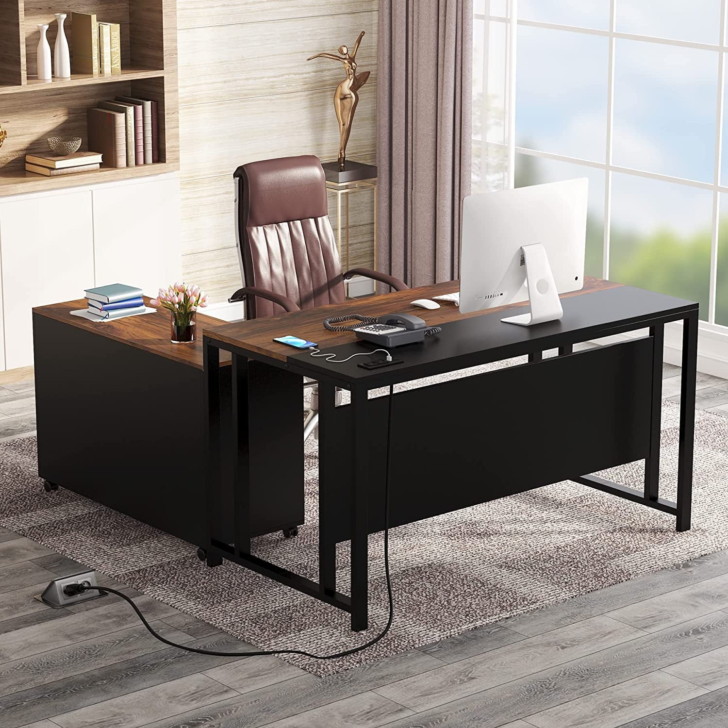 Tribesigns L-Shaped Computer Desk with Power Outlet & USB Port, 55 inch Large Executive Office Desk Business Furniture with 40 inch 2 Drawer Lateral Mobile File Cabinet Printer Stand for Home Office