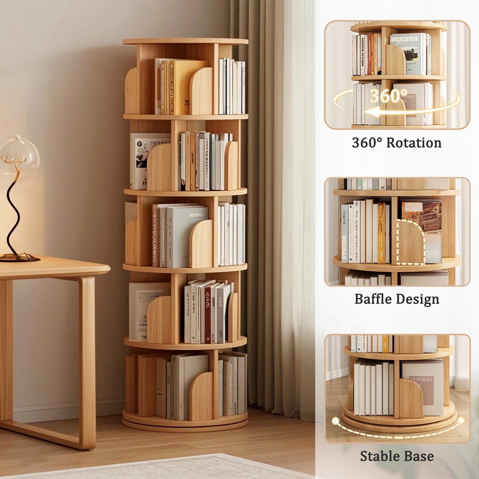 5 Tier Rotating Bookshelf, 360° Display Round Spinning Bookshelf, Space-Saving, Small Space Rotating Bookshelf Tower for Bedroom, Living Room, Home, Office, Nature