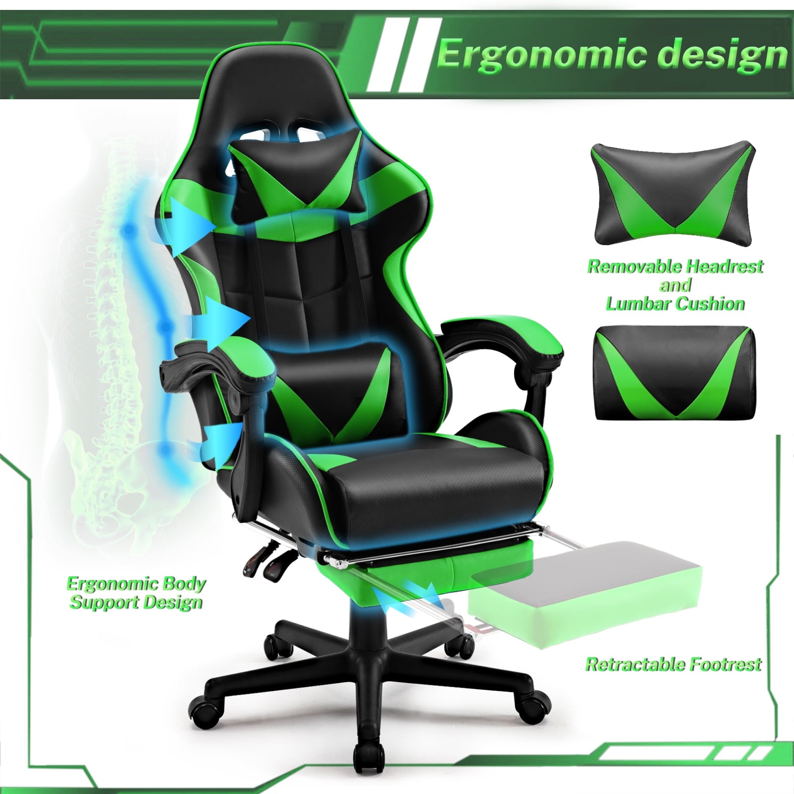 SOONTRANS Green Gaming Chair with Footrest, High Back Gamer Chair with Massage Lumbar Pillow, Gamer Computer Desk Chair (Green)