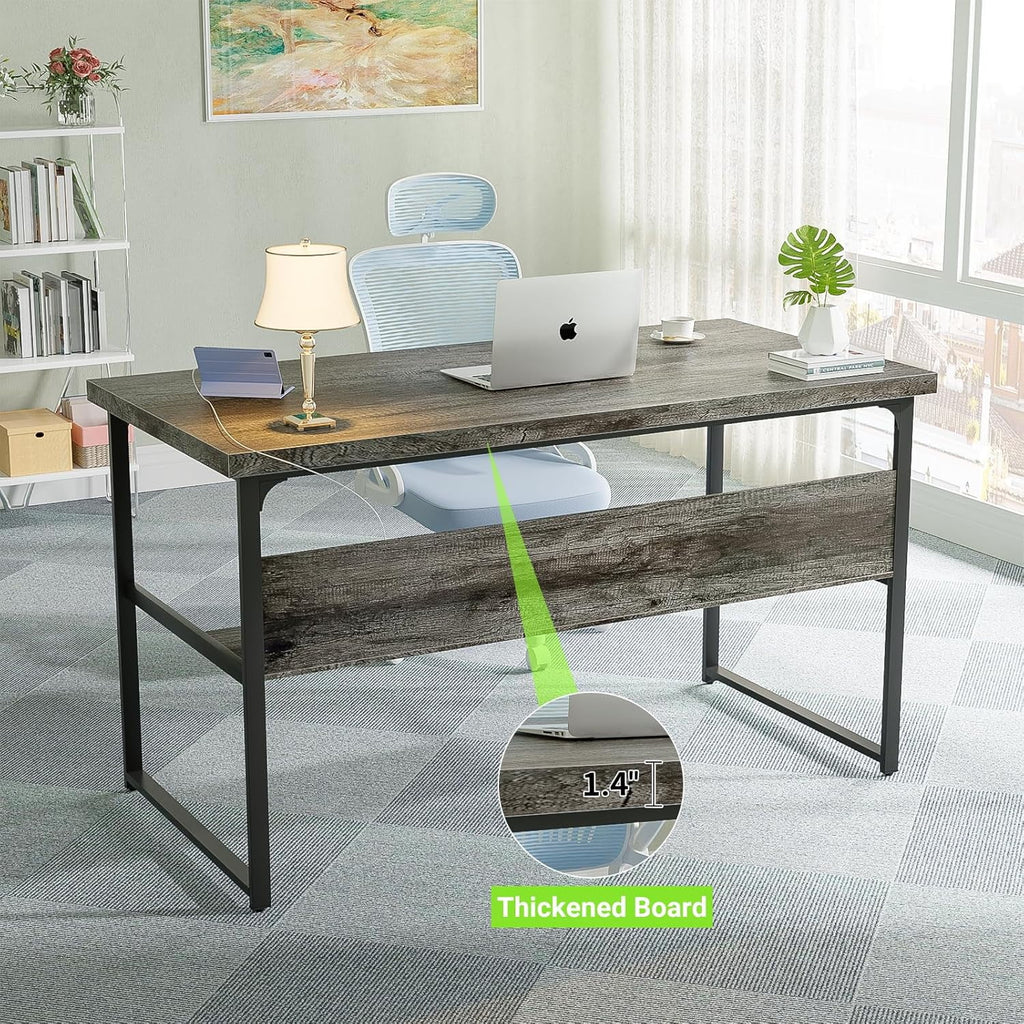 Homieasy Computer Desk with Power Outlets, Executive Desk with Extra Thick Tabletop, Computer Office Desk Workstation with Bookshelf, Modern Simple Study Writing Table for Home Office, Black Oak