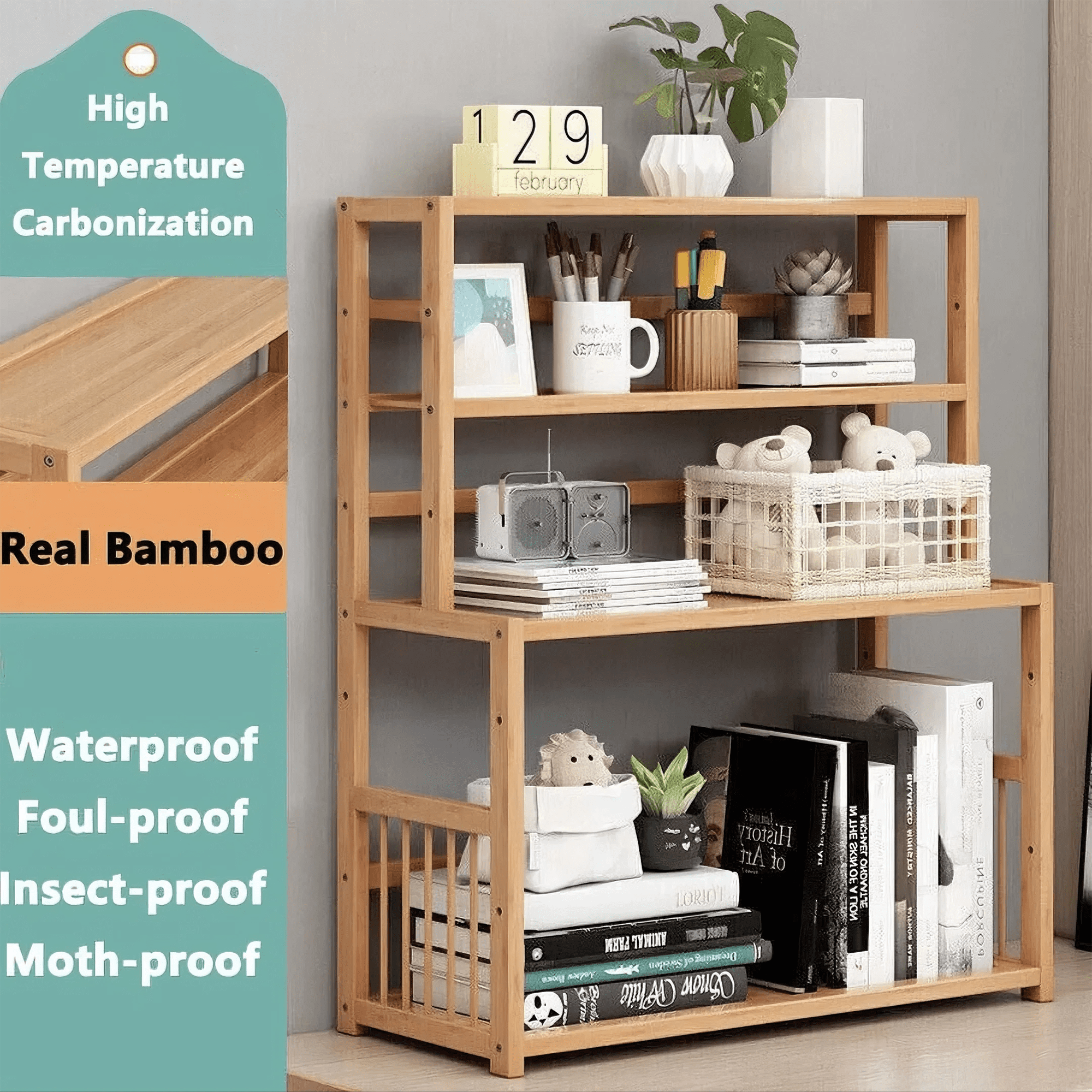 Gtouse 4 Shelf Bamboo Bookcase, Desktop Bookshelf, Plants Display Storage Shelf, Natural, for Home