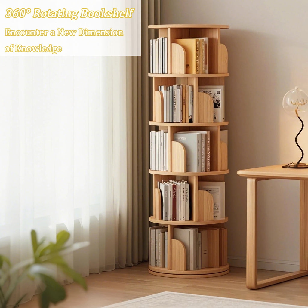 5 Tier Rotating Bookshelf, 360° Display Round Spinning Bookshelf, Space-Saving, Small Space Rotating Bookshelf Tower for Bedroom, Living Room, Home, Office, Nature