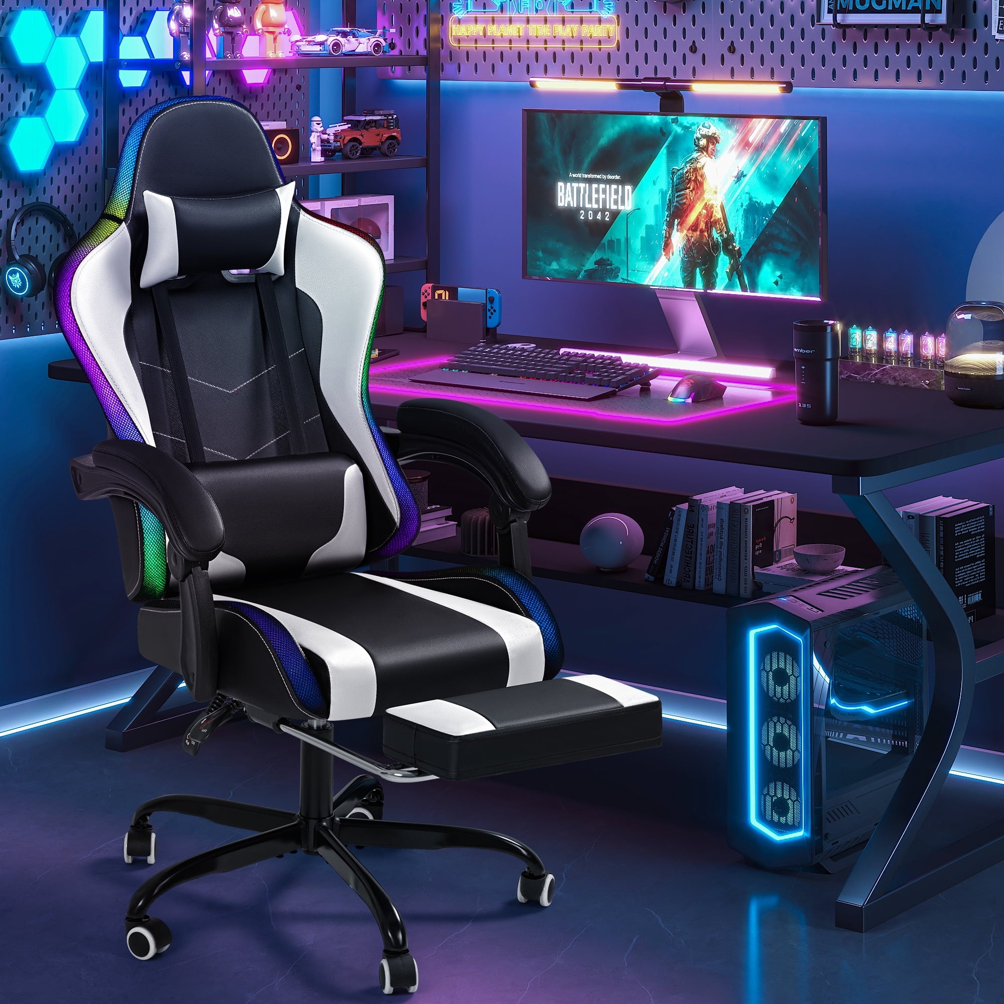 Homall RGB Gaming Chair with Massage and LED Lights Ergonomic Computer Chair with Footrest & Adjustable Lumbar Support, White
