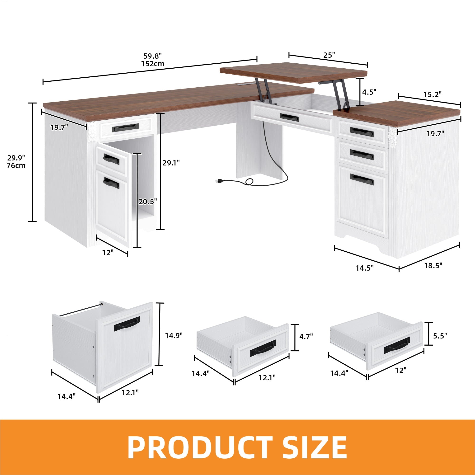 Craftian L-Shaped Desk with Power Outlets, Computer Desk with Drawers, Executive Desk , White & Walnut Color