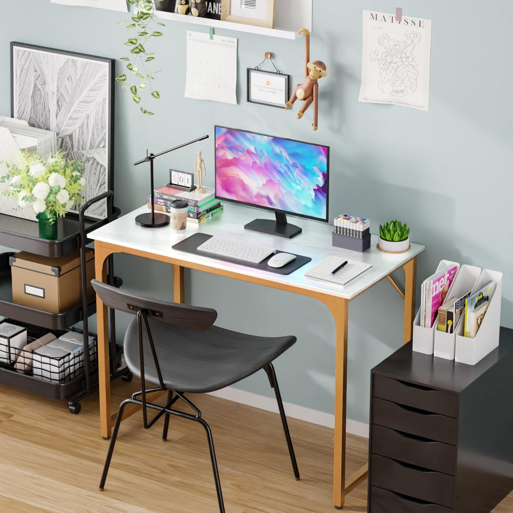 Computer Desk, 40'' Study Writing Table for Small Space, Save Space Office Desk with Metal Legs, Modern Steel Frame Wood PC Workstation for Home Office, Gold