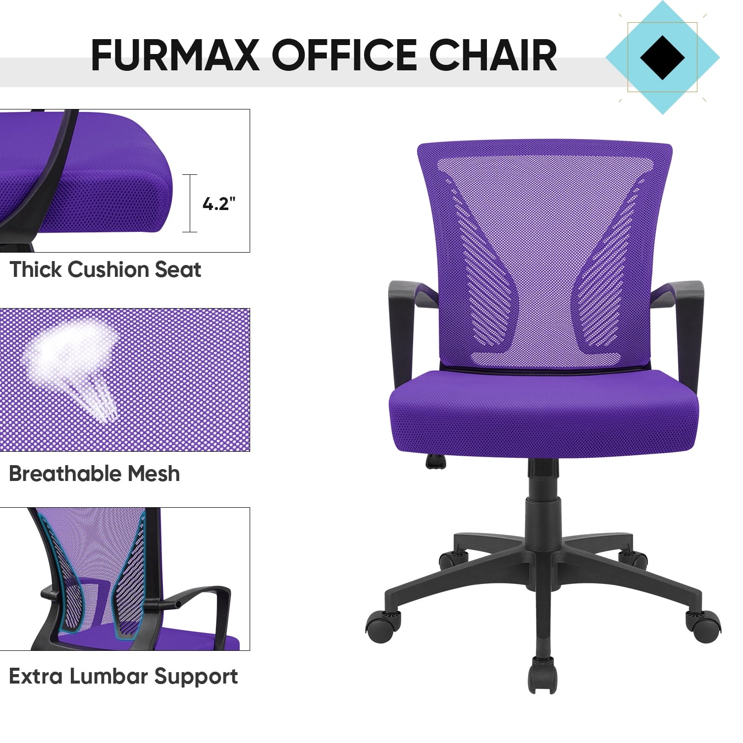 Lacoo Mid-Back Office Desk Chair Ergonomic Mesh Task Chair with Lumbar Support, Purple