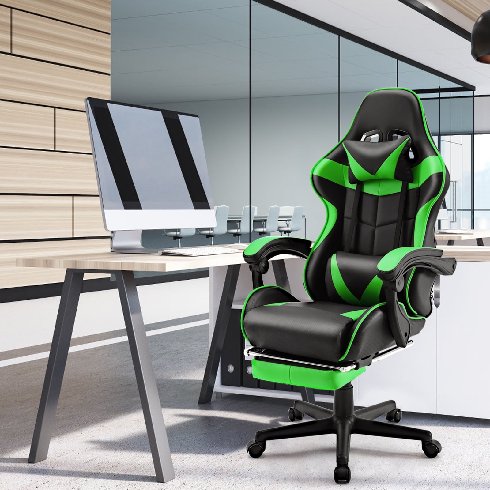 SOONTRANS Green Gaming Chair with Footrest, High Back Gamer Chair with Massage Lumbar Pillow, Gamer Computer Desk Chair (Green)