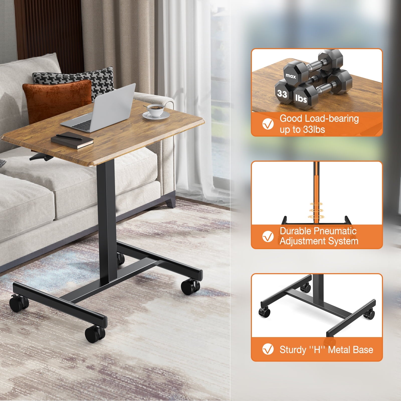 JONPONY Compact Mobile Rolling Standing Desk & Laptop Computer Cart for Home Use，Brwon