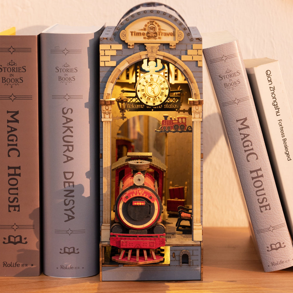 Rolife Book Nook Kit DIY 3D Wooden Puzzles Dollhouse Bookshelf Insert Diorama Decor Personalized Assembled Bookends with LED Light for Teens Adults