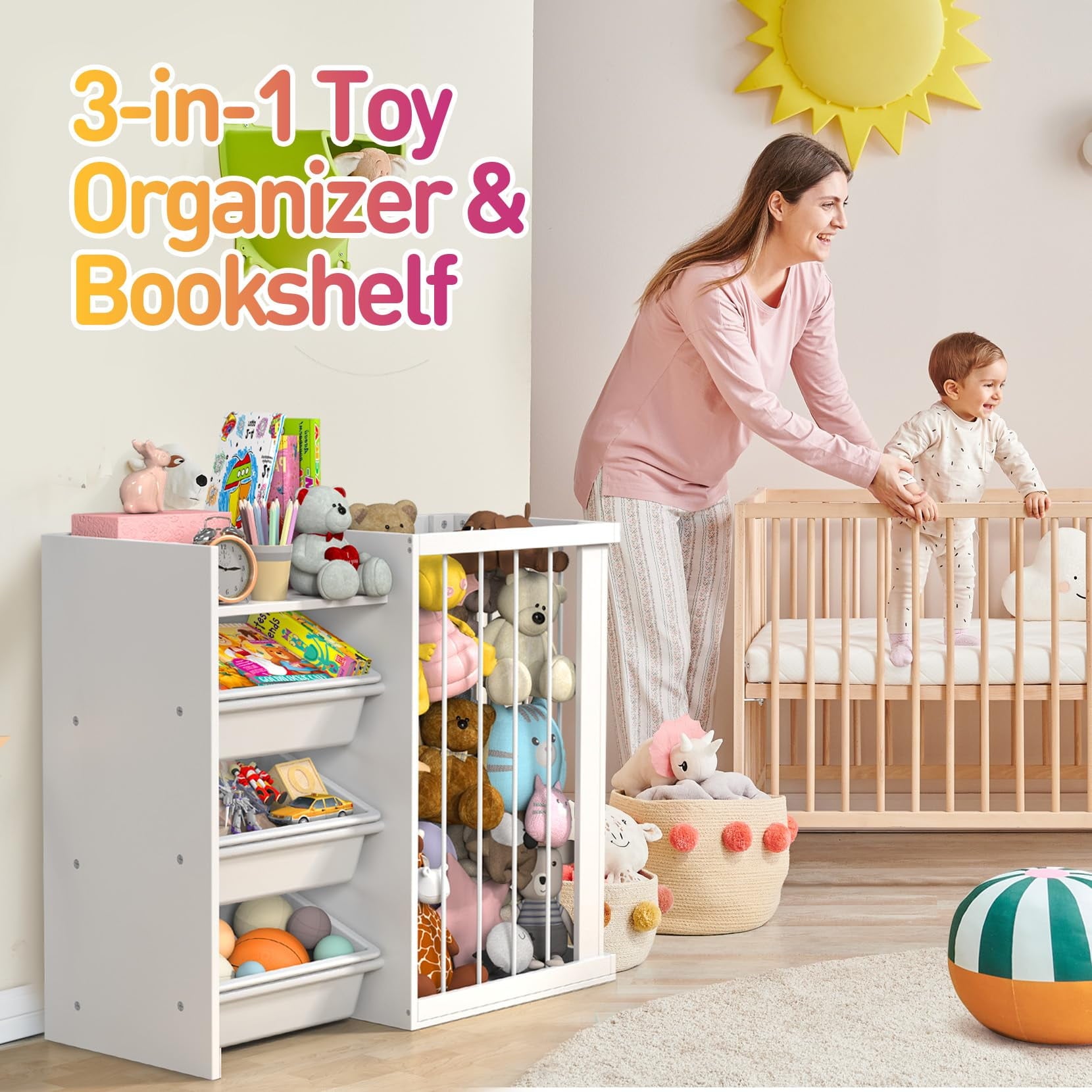 3-in-1 Kids Bookshelf and Stuffed Animal Storage with Corner Protectors , Can Fix it to The Wall, Durable Wood & Metal Storage for Bedroom & Playroom