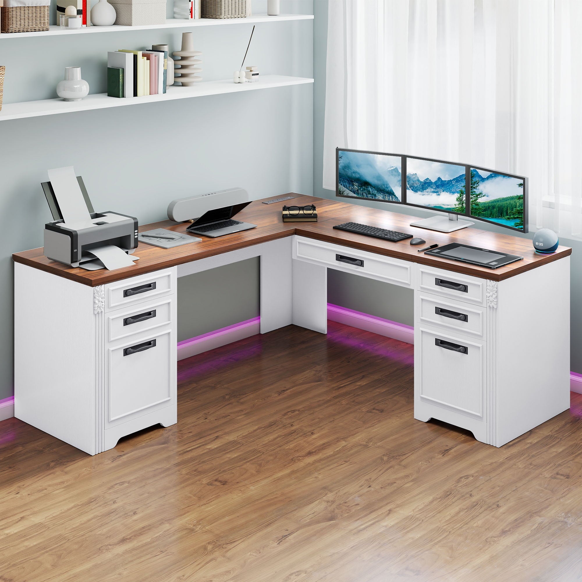 Craftian L-Shaped Desk with Power Outlets, Computer Desk with Drawers, Executive Desk , White & Walnut Color