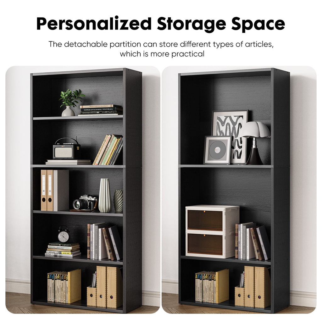 GIANNA 5-Shelf Bookcase, Floor Standing Storage Shelves, Black