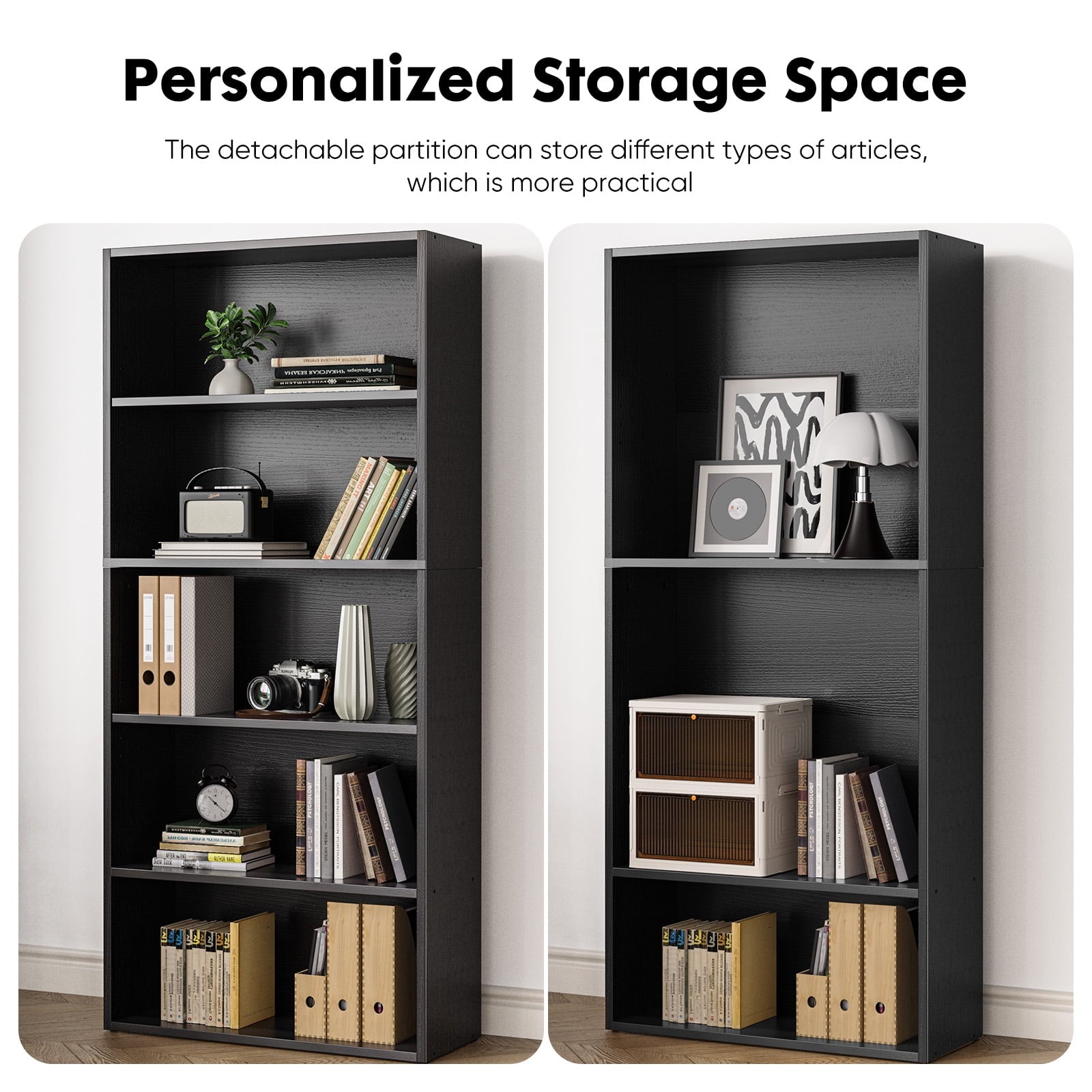 GIANNA 5-Shelf Bookcase, Floor Standing Storage Shelves, Black