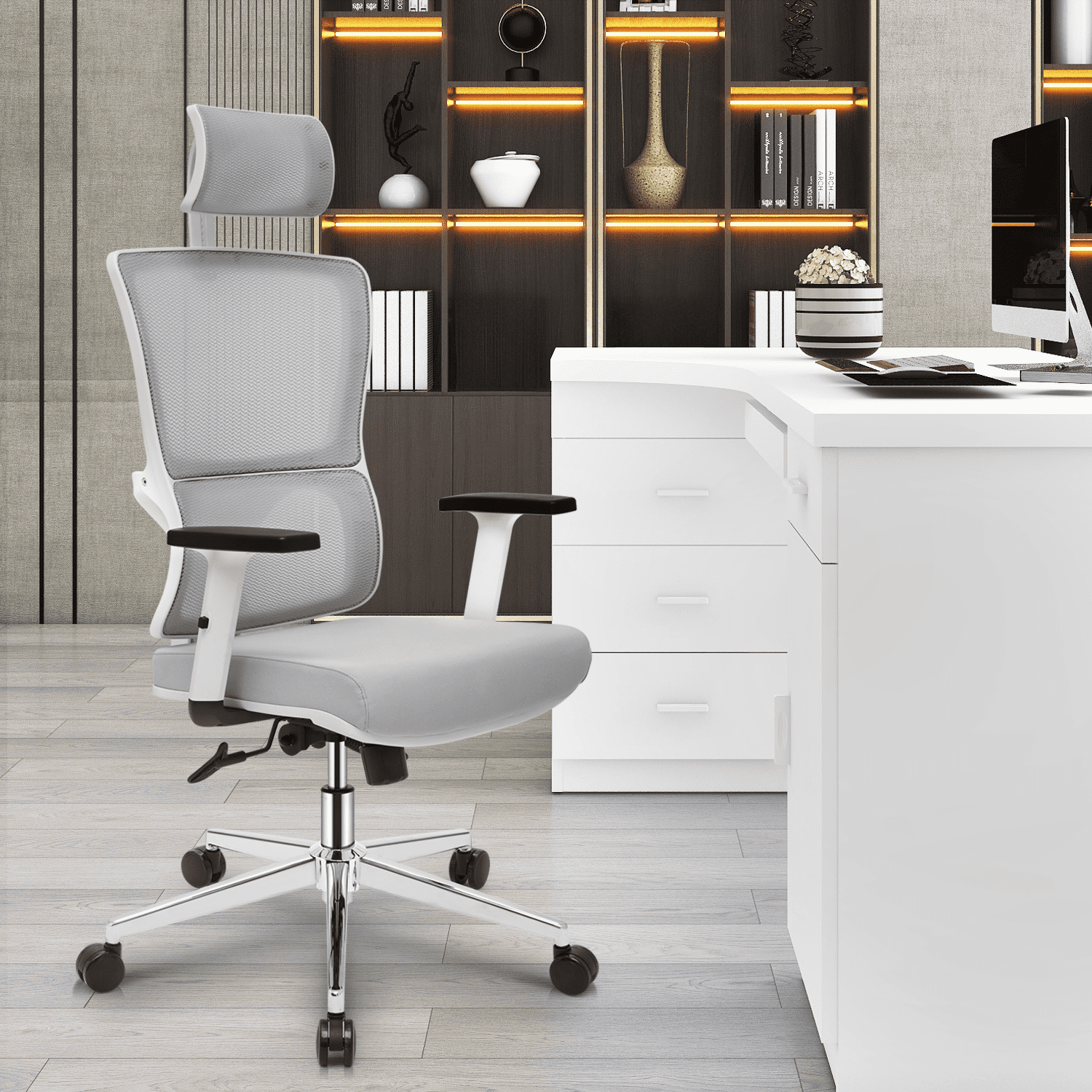 MoNiBloom Ergonomic Task Office Chair, Adjustable High Back Swivel Computer Desk Chair with Headrest & Armrest for Office, Grey