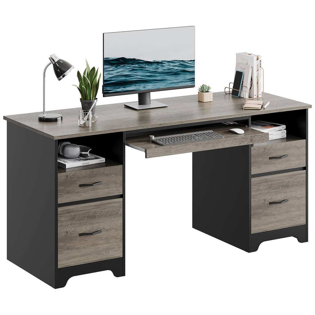 Bestier 59” Computer Desk with 4 Drawers, Office Executive Desk with File Drawer, Keyboard Tray for Home Office, Gray